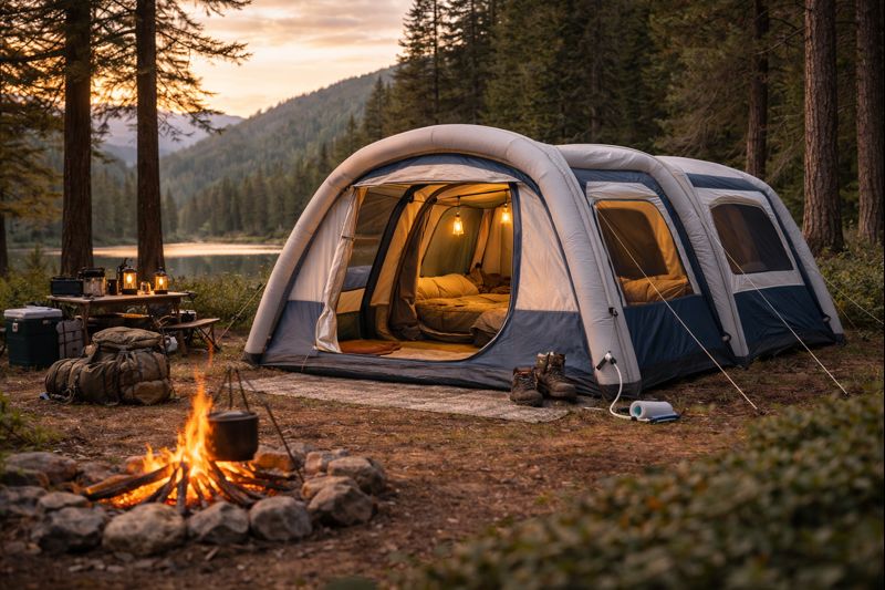Cozy campsite with tent and fire